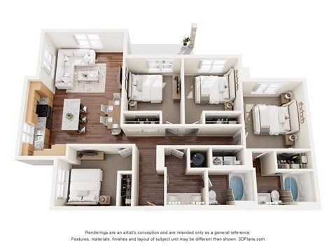 Floor plan for 4 beds, 2 baths, 1375 sqft